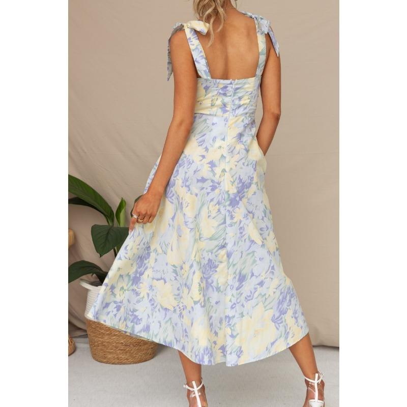 Summer Women's Dress Slim Slim Waisted V-Neck Halter Printed Mid-Length Dress