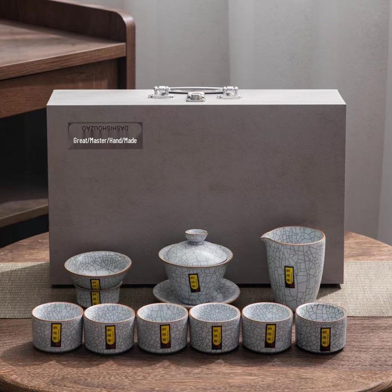 Golden Thread Iron Line Ru Kiln Ceramic Tea Set: Gaiwan, Teapot, Teacup, Gift Box