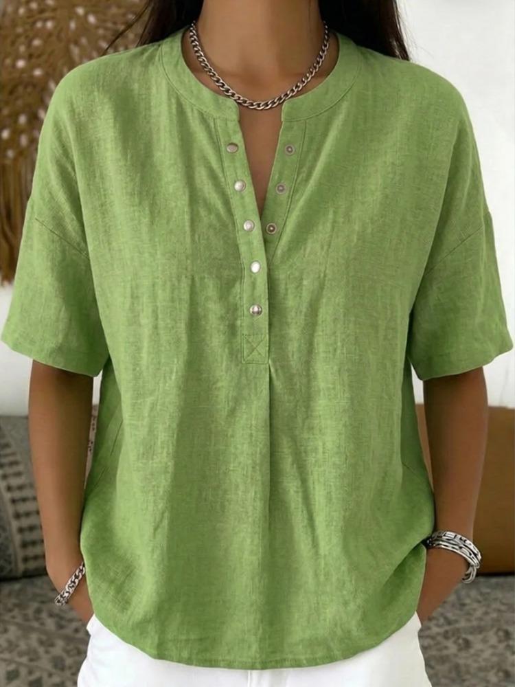 Pink V-Neck Short Sleeve Loose Fit Blouse with Buttons