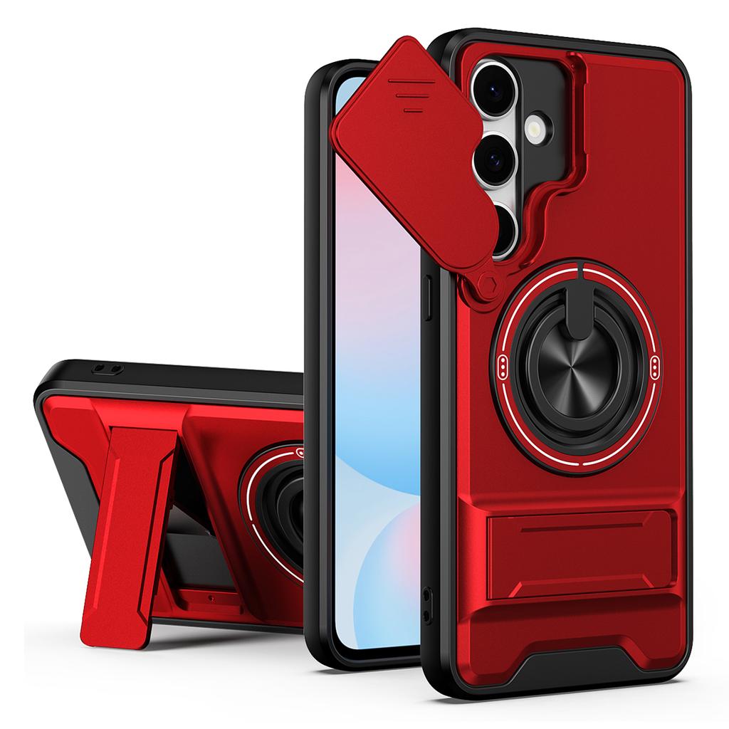 For Samsung Galaxy S24 FE Magnetic Case Ring Holder Foldable Kickstand TPU PC Phone Cover with Camera Lens Slider
