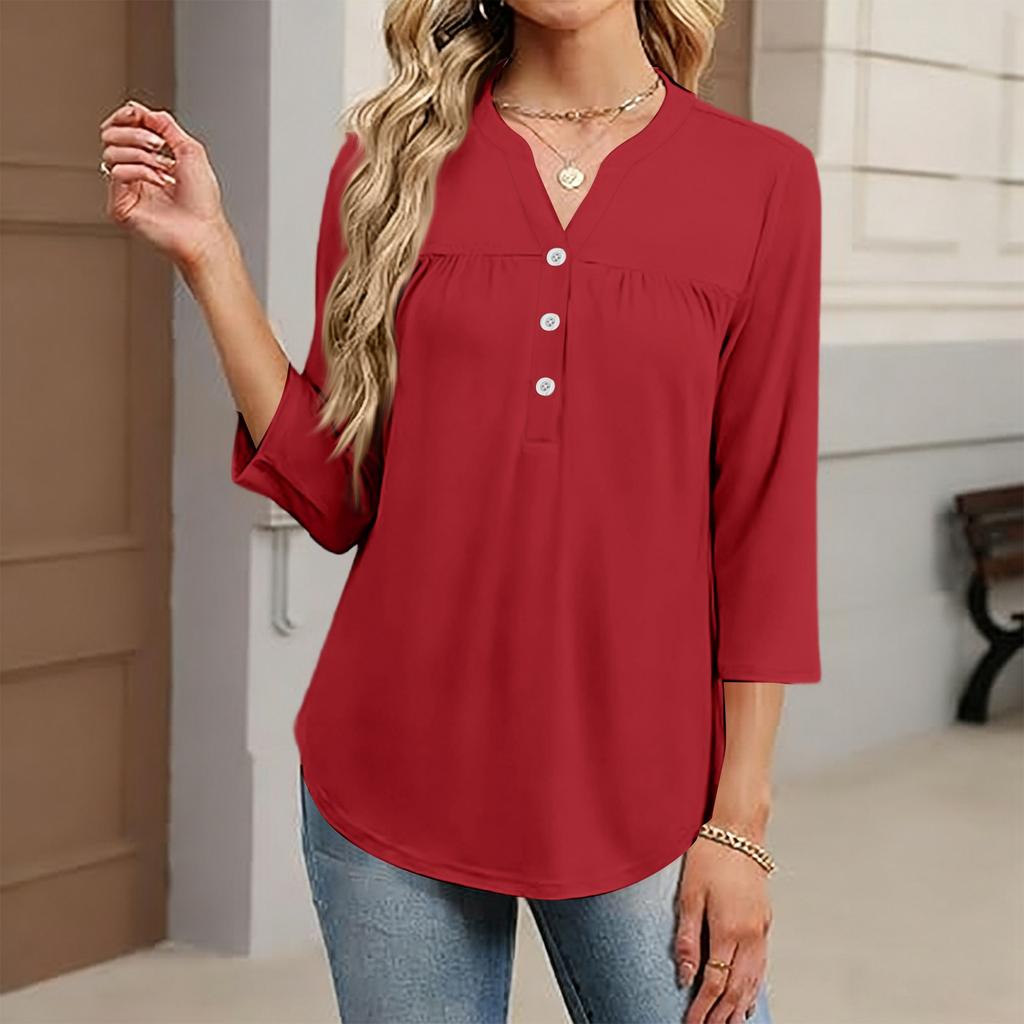 Women's Fashionable Casual Color V-Neck Decorative Button Three-Quarter Sleeve T-Shirt Top