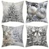 4 Pack Silver White Christmas Throw Pillow Covers, Double Sided Printed Cushion Cases with Xmas Tree, Ornament Balls & Bow Patterns, Beautiful Practic