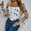 Women's Long-sleeved Square-neck Shirt With Straps And Waist-baring Diamond-shaped Herringbone Top