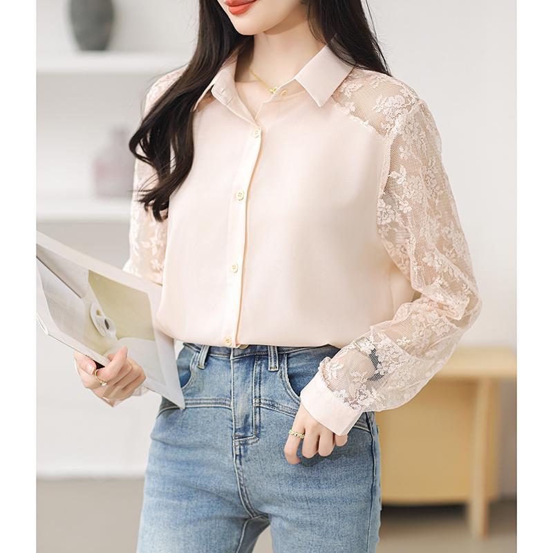 16 Color Lace Patchwork Chiffon Shirt Women Blouse Fashion Hollow Long Sleeved Top Slim OL Work Party Shirt Solid Color