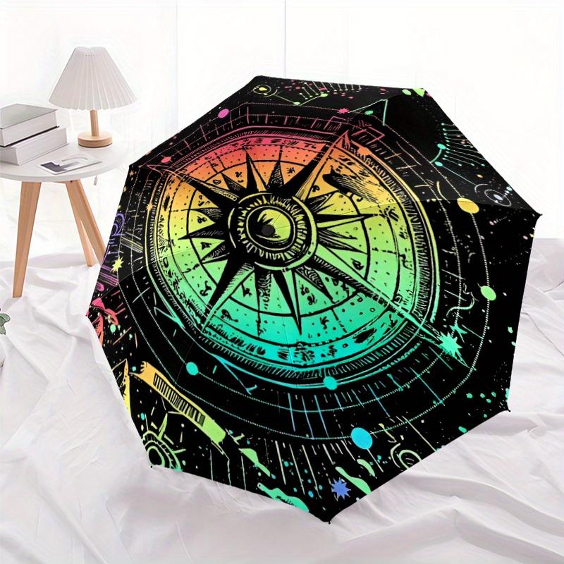 1pc Automatic Opening Folding Umbrella - Compass Rose Design with Neon Colors (Pink, Green, Blue, Yellow, Black) - Portable Tr