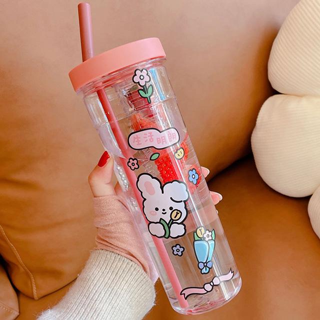 700ML Cute Clear Plastic Water Bottle For Girls With Straw Tea Strainer Stickers Summer Large Capacity Bubble Juice Drink Cup