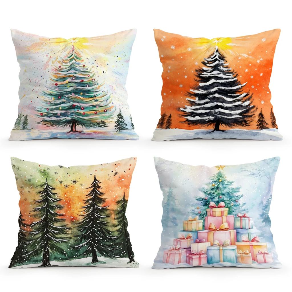 Watercolor Christmas Tree Cushions Pillowcase Polyester Cushion Cover Throw Pillow Pillowcover Home Car Sofa Decor