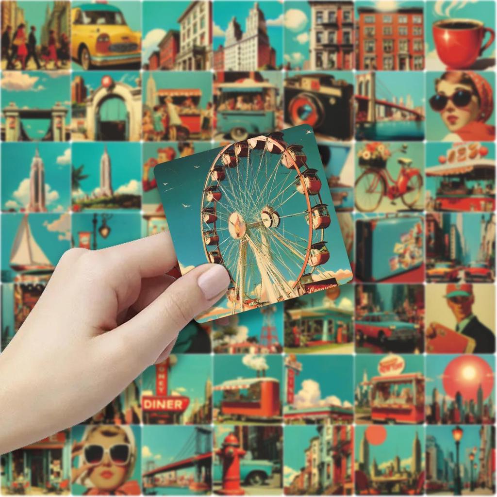 50 Autocollants Rétro Scenery de Villes Américaines pour Scrapbooks & Carnets