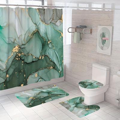 4-teiliger Marmor-Duschvorhang mit 12 Haken, rutschfester Badezimmerteppich, komplettes Badezimmer-Dekor-Set mit WC-Deckel-Abdeckpolster und U-förmiger Matte