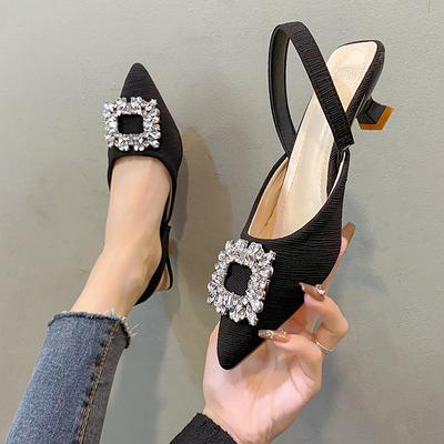 Босоніжки Baotou жіночі 2025 нові літні фея вітер французькі ніжні стрази гострий носок ремінець на п'яті товстий каблук одинарні туфлі