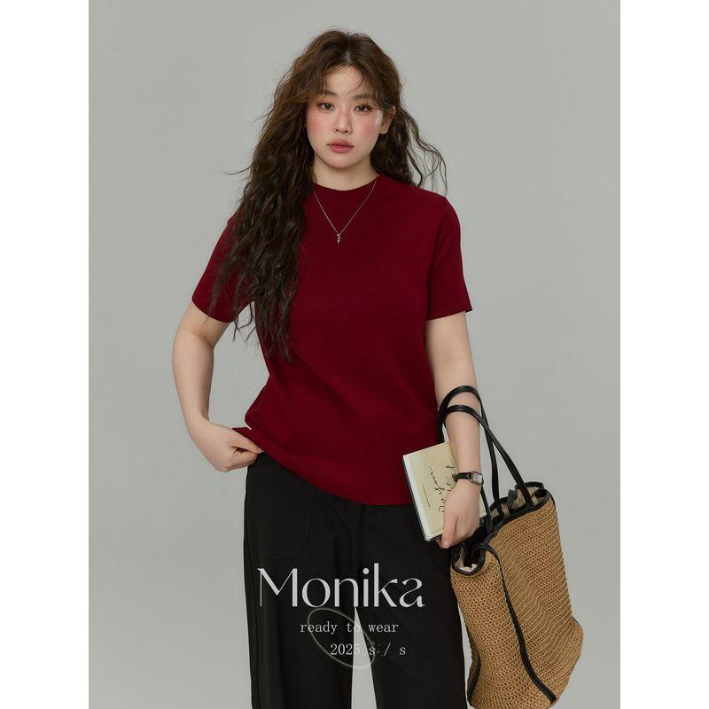 

Plus-Size Women s Fashion Niche Half-High Collar Regular Shoulder Short-Sleeve Knit T-Shirt 2026 Early Spring New Style Base Top Deep red XL