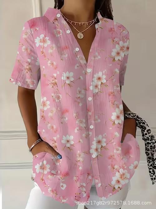 European and American summer hot-selling shirts, short-sleeved women's clothing, printed fashion lapel shirts, tops, casual women's clothing