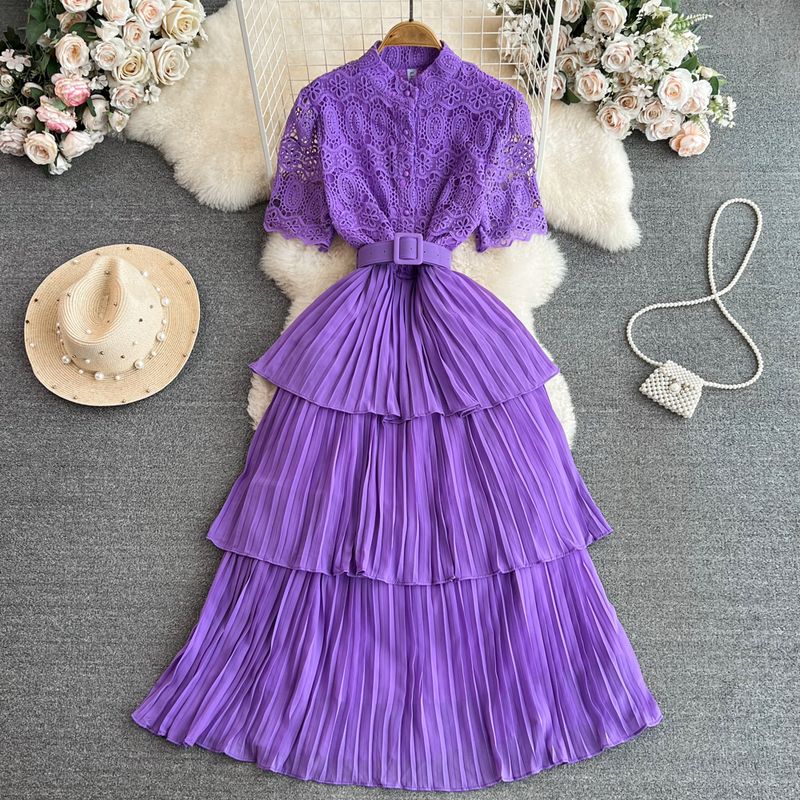 

Accessible Luxury Socialite Stand Collar Lace Cake Dress Short Sleeve Purple All yards