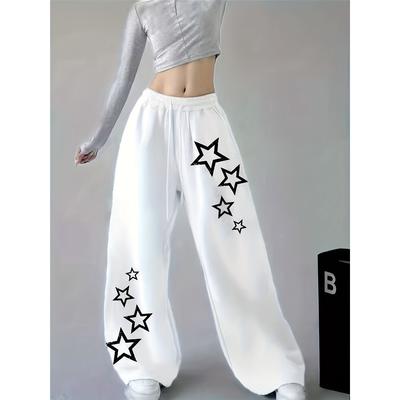 Pantalones de chándal elásticos de pierna ancha para mujer con estampado de estrellas y cintura elástica, pantalones casuales, sencillos y modernos