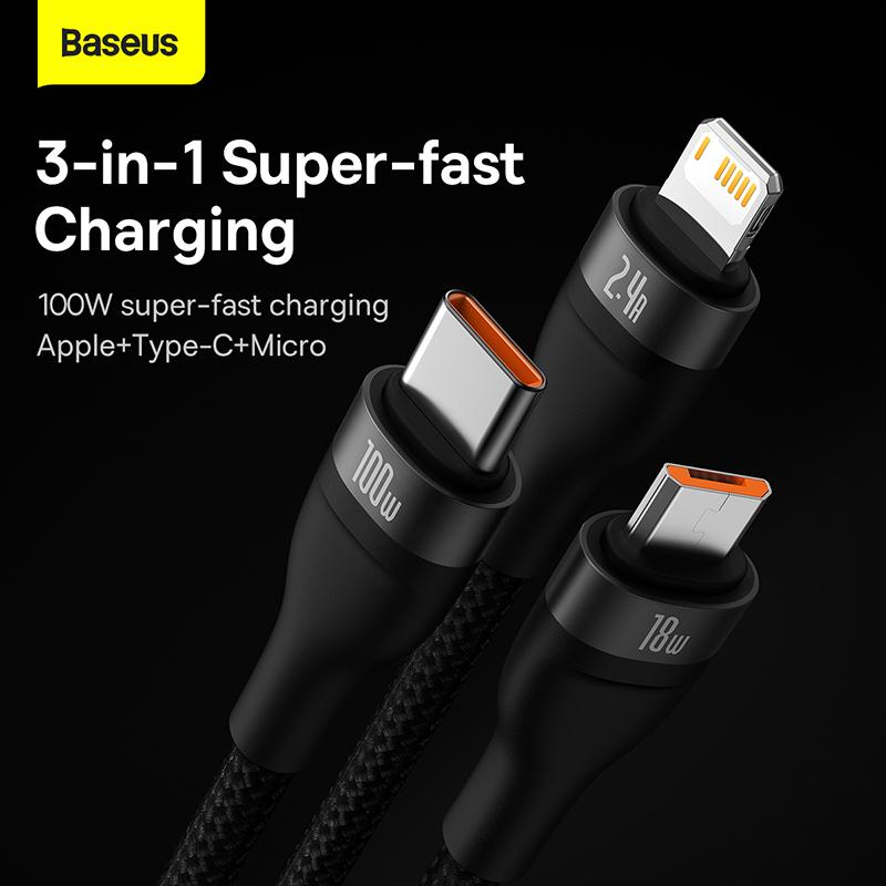 Baseus Flash Series  One-for-three Fast Charging Data Cable USB To M+L+C 100W