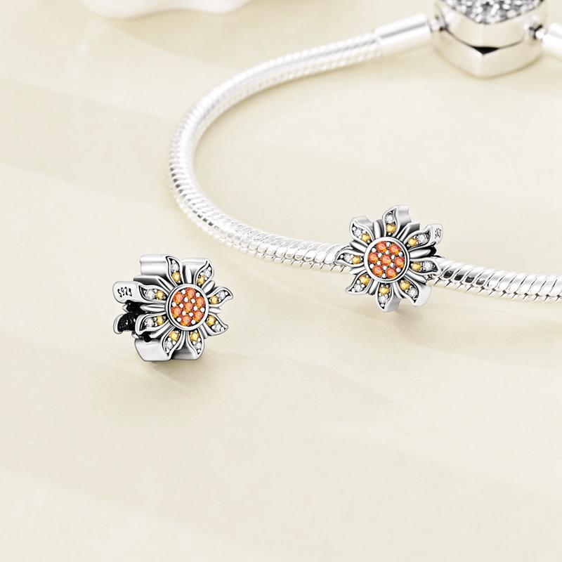 Charms Plata Shiny Orange Sunflower Flowers Beadss Fit Original Bracelets Charms For Women Jewelry Diy Making Fine Gifts