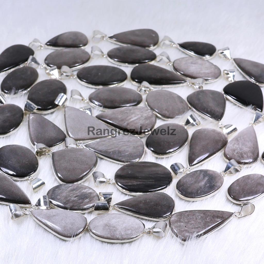 Natural Silver Sheen Obsidian Pendant Bulk Wholesale Bezel Pendant Necklace Making For Silver Jewelry Supply 925 Sterling Silver Pendant