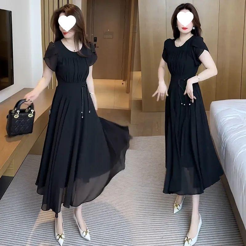 National Style Temperament Dress Women, New Summer Fashion Foreign Style Waist Thin Knee Chiffon Long Skirt