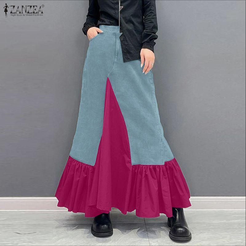 ZANZEA Women Casual Splice Ruffles Loose Long Skirts
