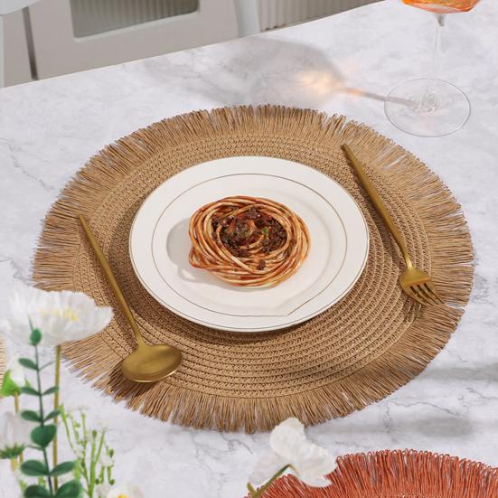 Braided Round Placemats Woven Tassel Table Mats for Kitchen Dining Heat Resistant Natural Fabric Place Mats Indoor Outdoor Use