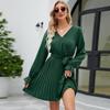 Solid Elegant Spring Dress Women Lace-up V-neck A Line Short Dress Summer 2026 Casual Pleated Long Sleeve Dresses Vestido 25154