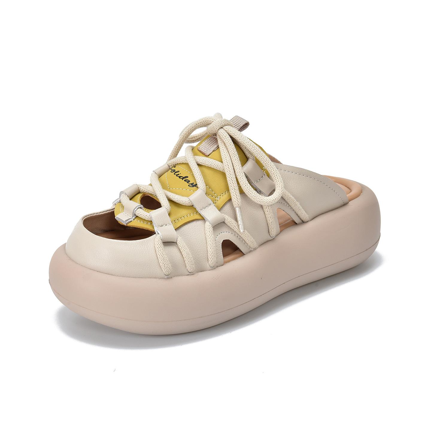 

Johnature Повседневные тапочки из натуральной кожи на платформе со шнуровкой, женские туфли с открытым носком и толстой подошвой 40