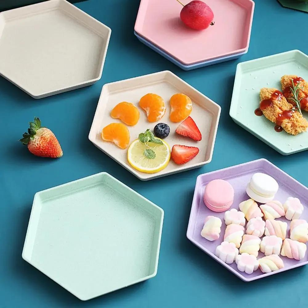 Multifunctional Fruit Plate Tableware Dishes Thicken Wheat Straw Hexagon Tray Dessert Plates Home Candy Color Dishes