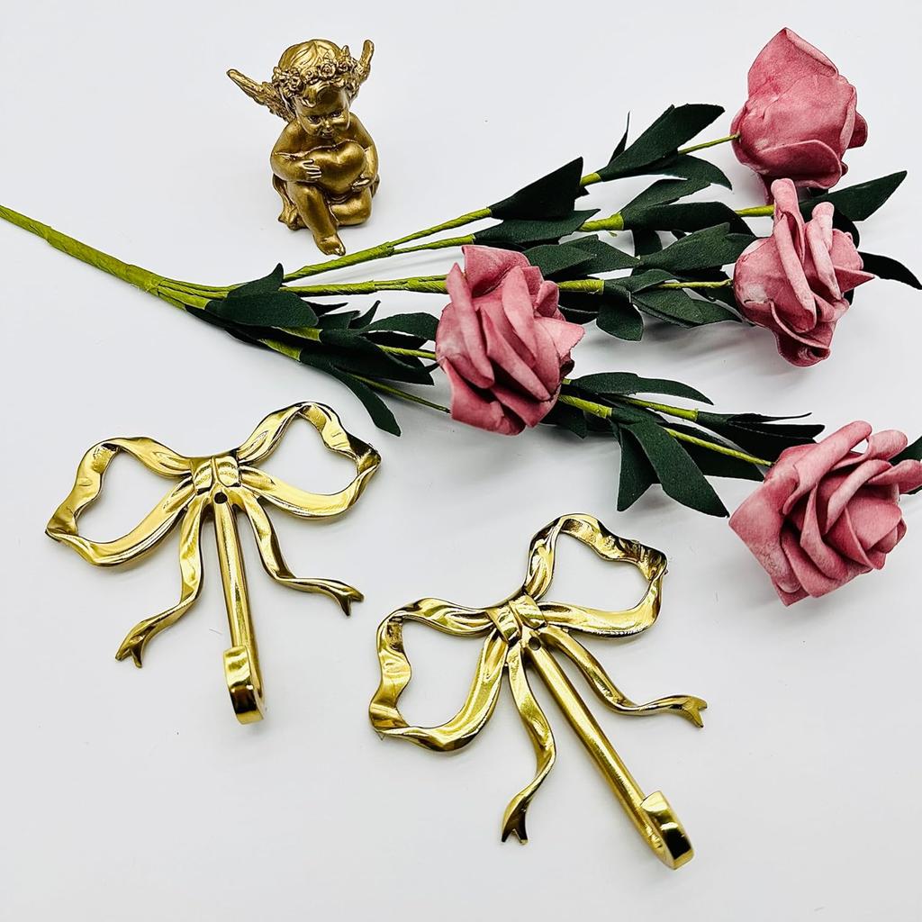 LUOZZY 2Pcs Bow Hook Bowknot Wall Hook Bow Hooks for Wall Multi-Purpose Hanging Brass Hooks for Coat Hat Towel Home Bedroom Supplies