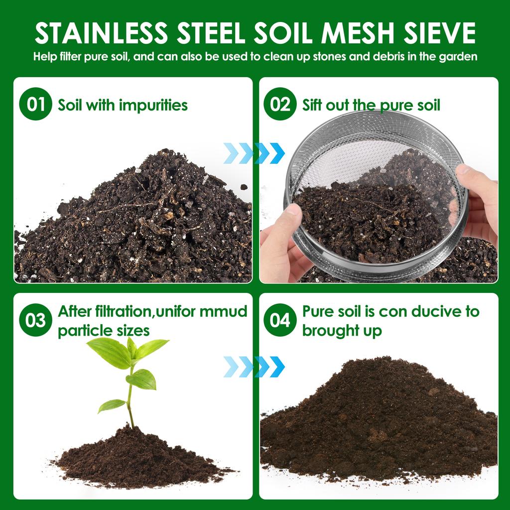 3Pcs Garden Soil Sieve Stainless Steel Rice Fine Wire Mesh Strainer Handheld Kitchen Strainers Round Flour Baking Sieve