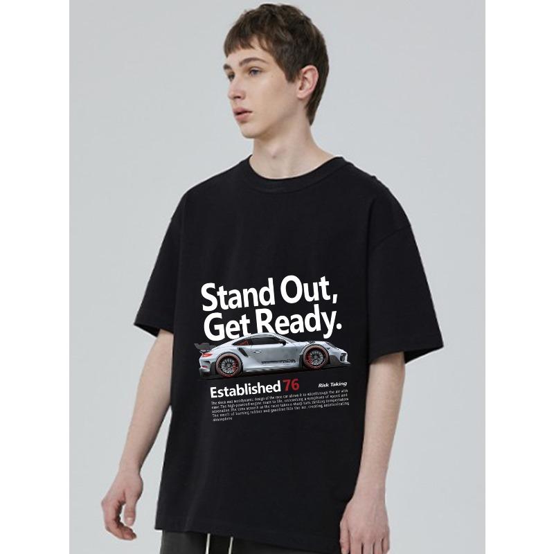 T-Shirt Nera con Grafica di Auto e Testo 'Stand Out Get Ready' per Uso Casual