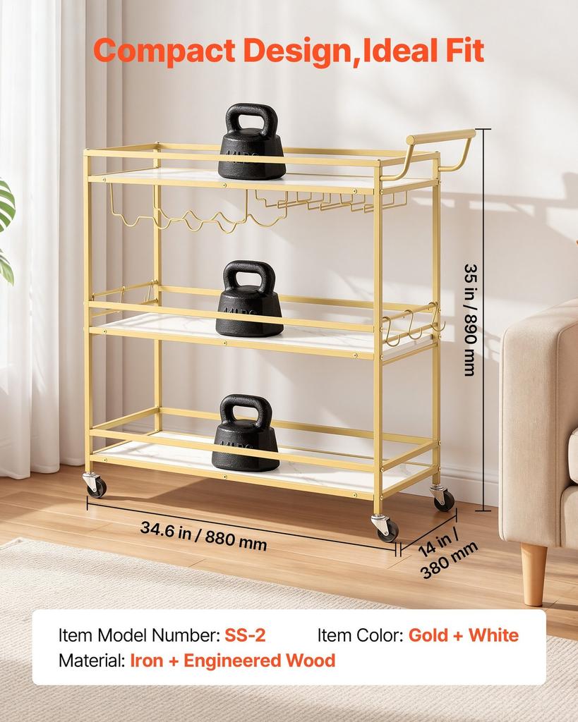 Bar Cart, 3 Tiers Home Kitchen Serving Carts, Modern Rolling Utility Station on Wheels, Mobile Drink Beverage Trolley with Wooden Shelf, Wine Rack,