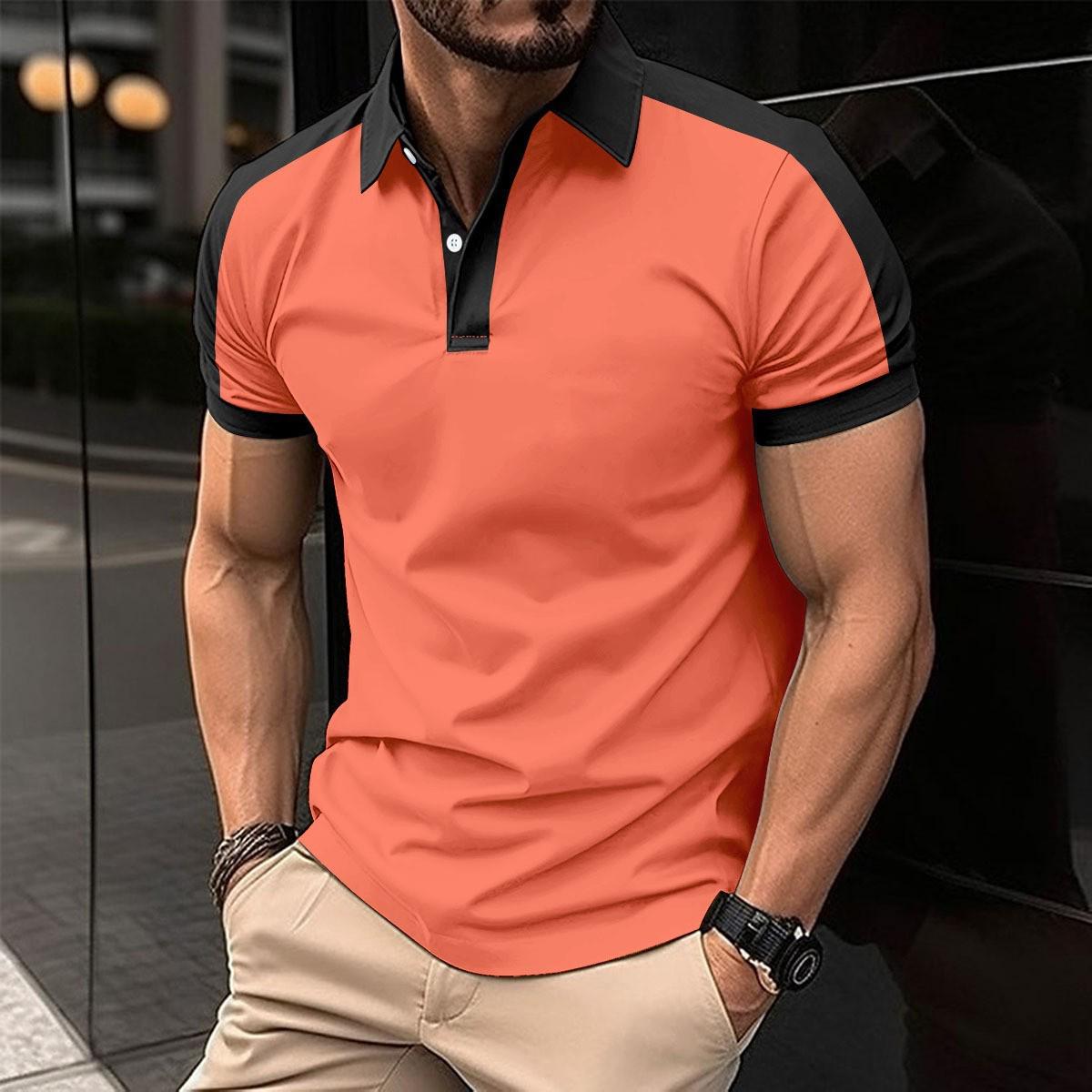 

2025 Men s Slim Fit Color Block Short Sleeve Polo Shirt Medium оранжевый/красный