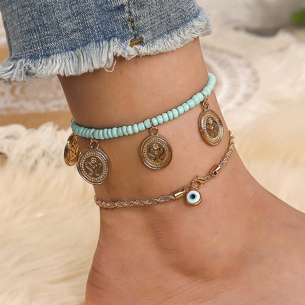 Anklet, Handmade String Of Rice Beads, Exquisite Twist Chain, Devil'S Eye, Round Pendant, Anklet 2-Piece Set