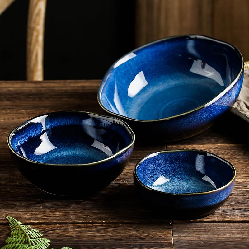 1Pcs Ceramic Salad Bowl Japanese Ceramic Bowl Underglaze Color Soup Noodle Bowl Fruit Dessert Bowl Kiln Big Bowl
