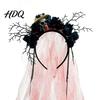Horror Theme Party Decorations Gothic Flower Headband with Veil Spooky Black Rose Dead Branch Skull Headpiece Masquerade Accessories Day of