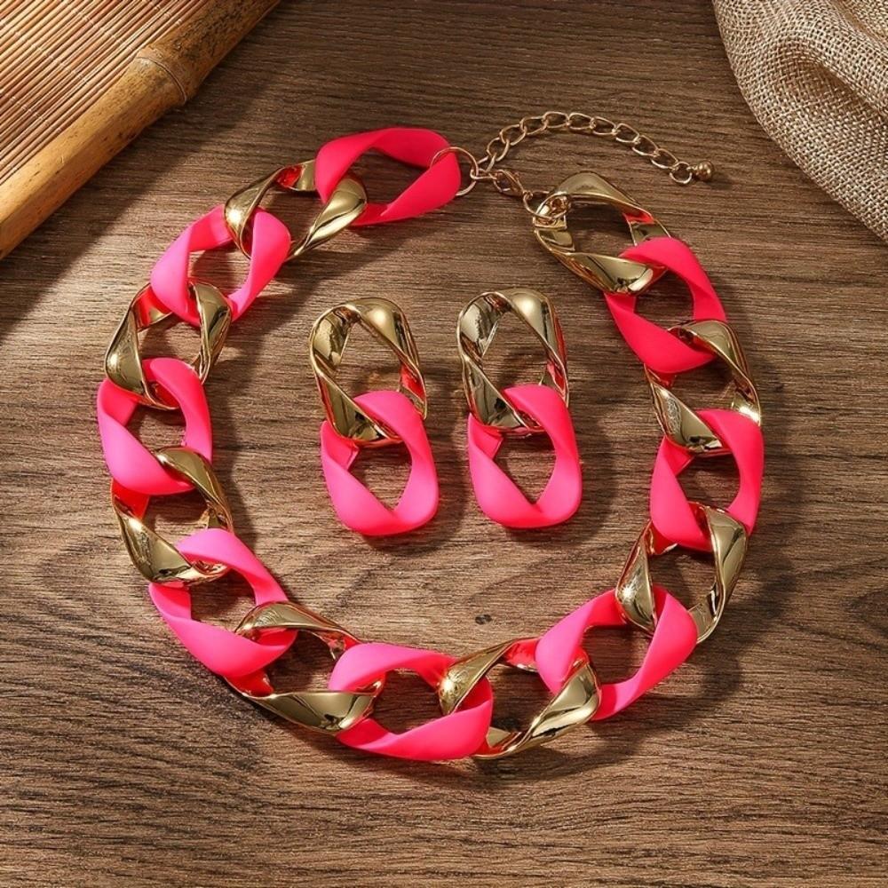 Color Blocked Chain Necklace Earrings Hollow-out Exaggerated Jewelry Jewelry Set Festival