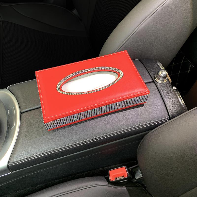 Diamond Crystal Car Tissue Box Luxury PU Leather Auto Paper Box Holder Cover Case Tray Car Accessories for Home Office Auto