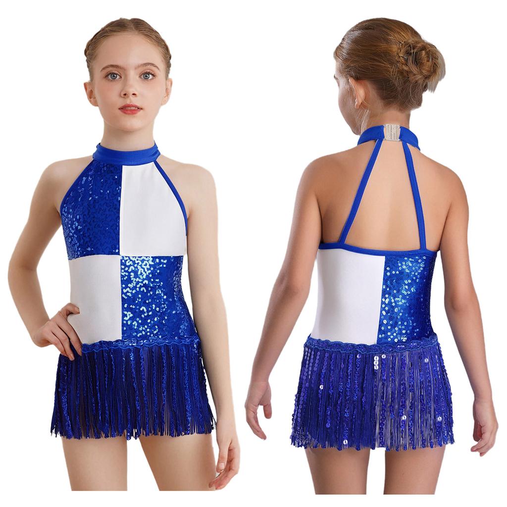 Girls Sequins Modern Jazz Latin Samba Stage Costume Halter Tank Leotard Tassel Dress School Ballroom Dancewear