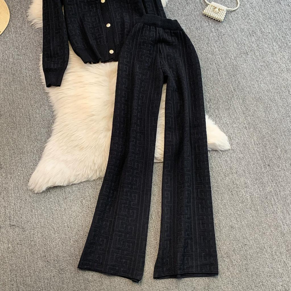 Jesień Zima Damski Designerski Wzorzysty Dzianinowy Sweter Spodnie Dwuczęściowy Zestaw Długi Rękaw Jednorzędowa Kurtka Top i Spodnie z Elastycznym Pasem Dres