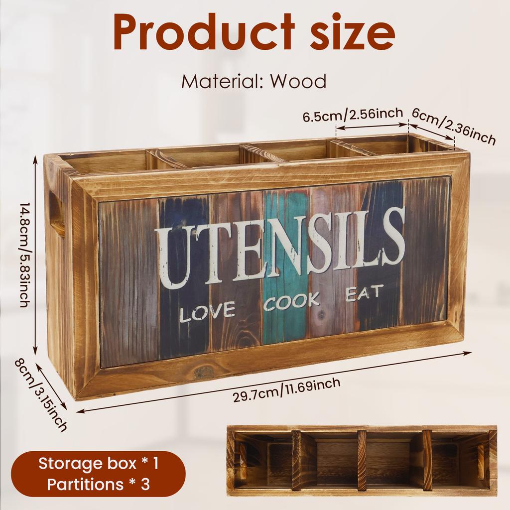 4 Compartments Countertop Utensil Holder Wood Kitchen Storage Box Spatula Chopsticks Spoon Fork Storage Holder Cutlery Organizer