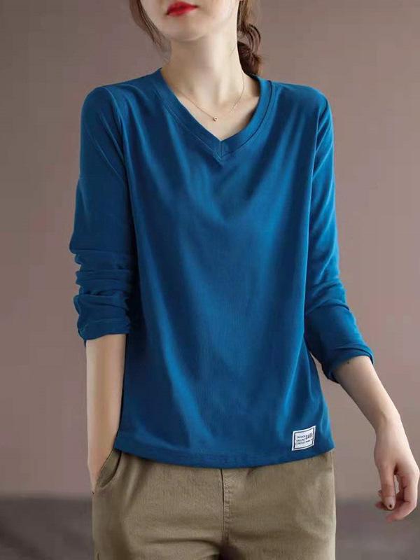 Women's Korean V-Neck Long Sleeve T-Shirt, Loose Fit, Slimming, Plus Size, Casual Versatile Top for Spring and Autumn