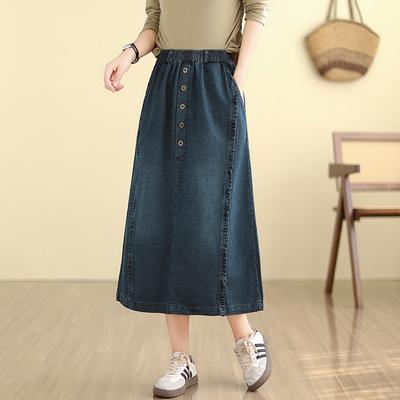 Prosta spódnica slim fit pasująca do wszystkiego, z wysokim stanem, luźna spódnica dżinsowa w kształcie litery A, styl vintage, długość midi, odzież damska