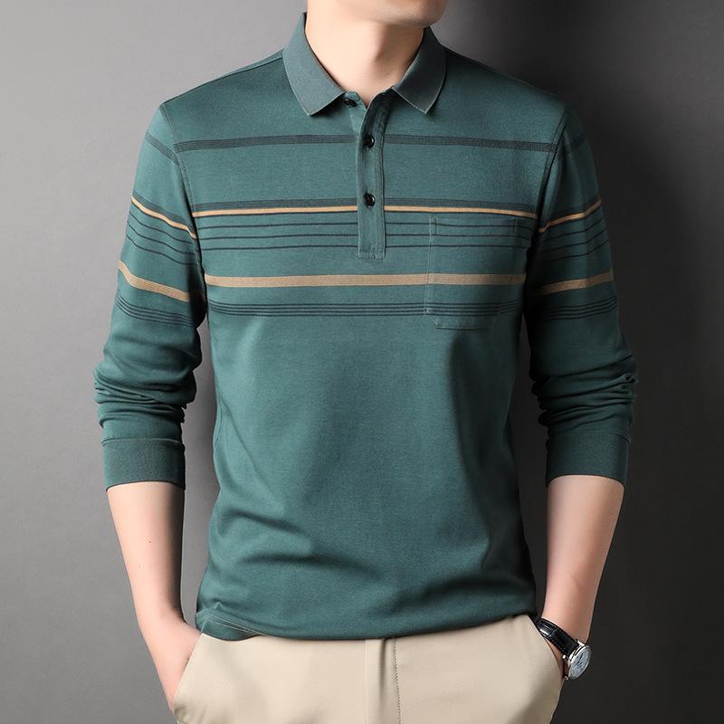 Autumn and Winter New T-shirt Men's Fashion Striped Lapel Polo Shirt Menswear Undershirt Long Sleeve Top T-shirt Men