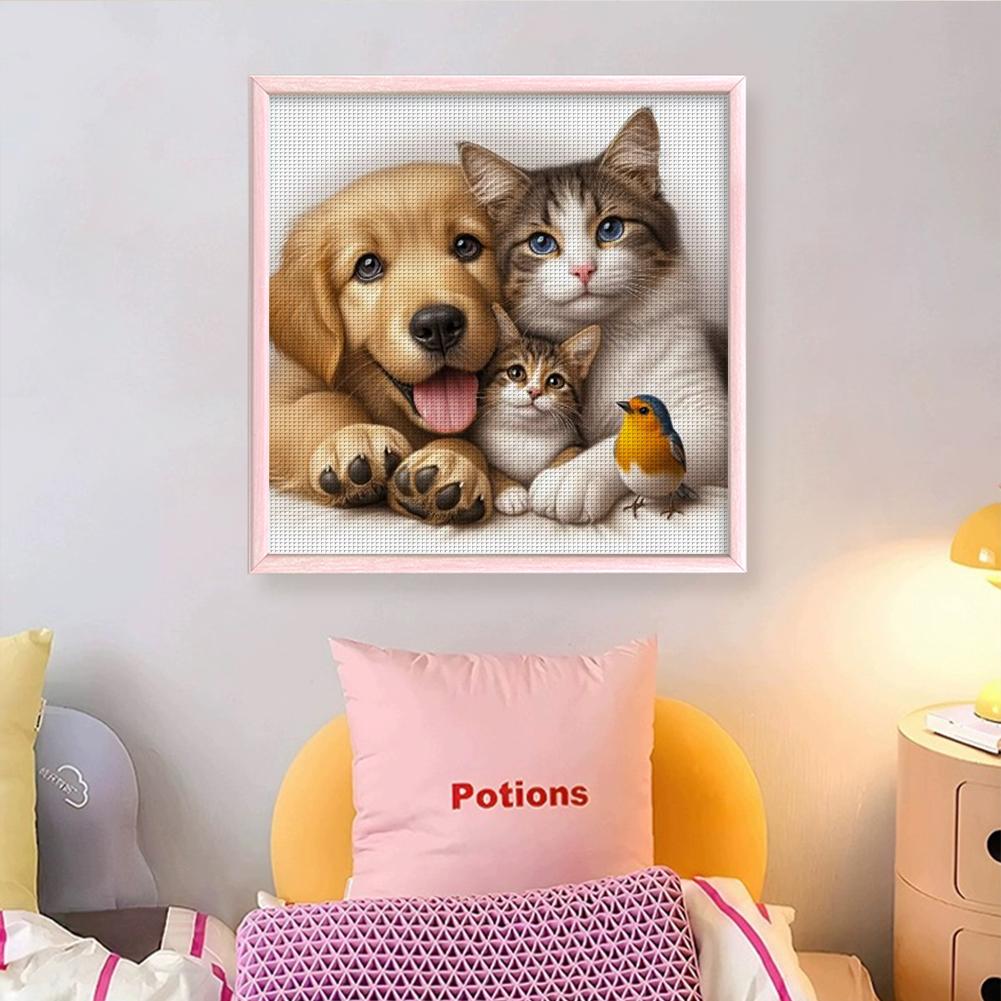 Vollstickerei Öko-Baumwollgarn 11CT Gedrucktes Katzen-Hunde-Kreuzstich-Set 40x40cm