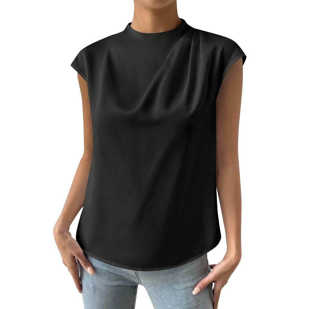 Women's Casual Elegant Satin Pleated Round Neck Shirt Solid Color Pullover Sleeveless Formal Work Shirt Top
