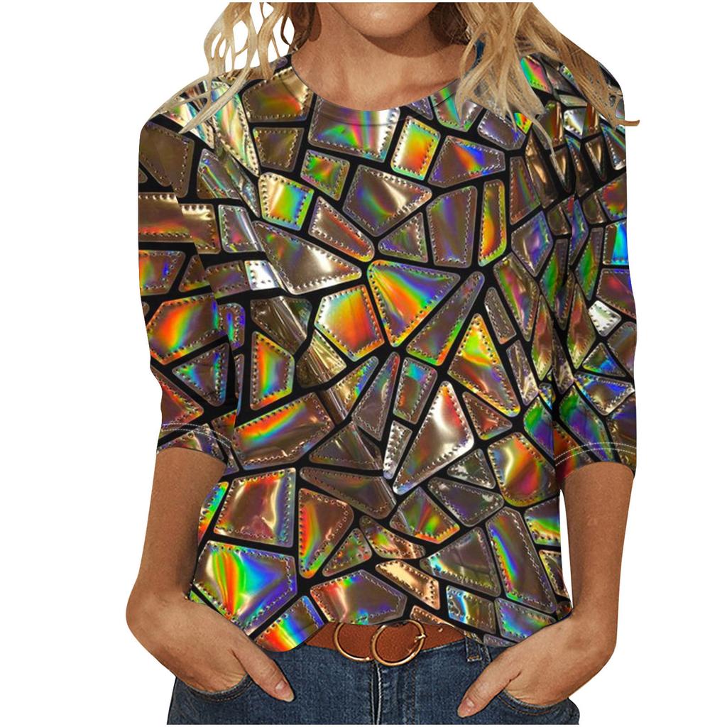 Round Neck 3D Printed Geometric Diamond Pattern Top Fashionable Casual Long Sleeved Women's T-shirts