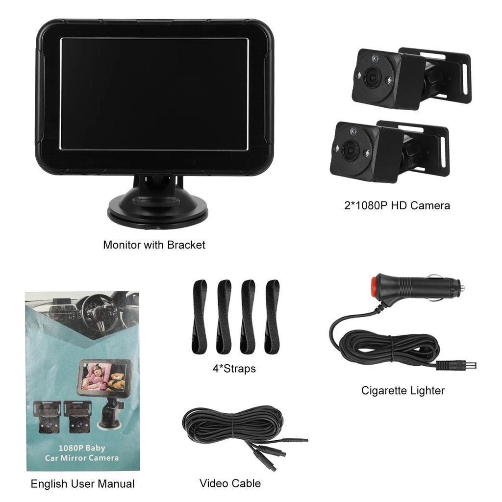 Baby Car Camera Dual Channel 5 inch 1080P Car Baby Camera Display with 2 IR Night Vision Camera and 150° Wide View Angle