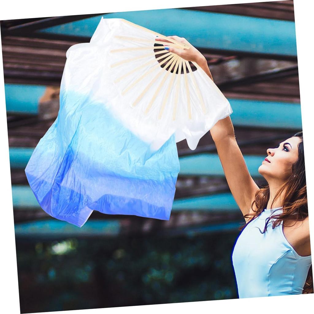 Bamboo Long Fan Veil Dance Streamer Flag Tai Chi Kung Fu Fan Stage Performance Fan Right Hand Fan Silk Fan Blue Gradient Belly Dance Cheering Goods