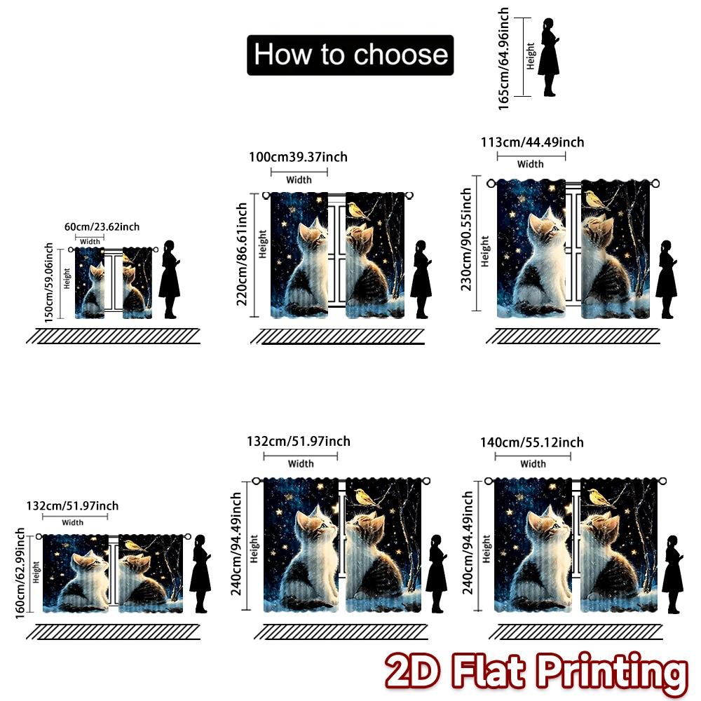 Set Of 2 Flat Printing Window Curtains Starlit Cat Wonder Digital Printed Polyester Drapes Party Decorations Use Home Wall Curtain