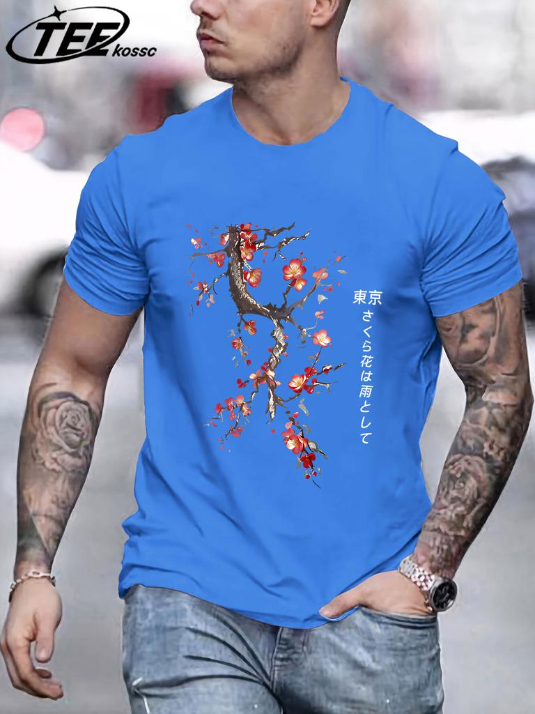 Cherry Blossoms And Rain In Tokyo Mens T Shirts Hip Hop AllMatch Tops Casual Cotton Retro Clothes Male Loose ONeck Streetwear